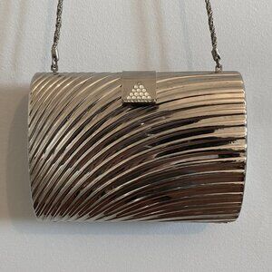 Vintage Silver Tone Grooved Metal Hardshell Evening Bag with Rhinestone Detail